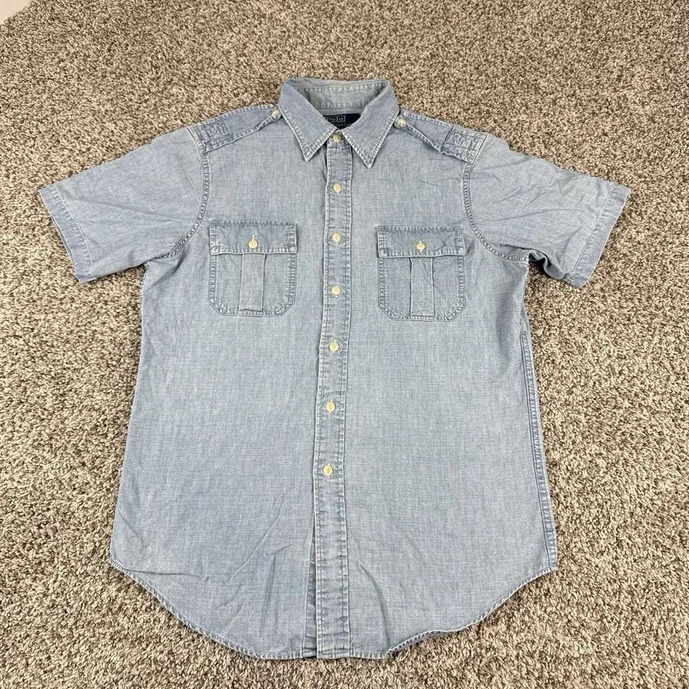 Polo Ralph Lauren Chambray Shirt Mens Medium Blue Epaulets Utility Safari SS